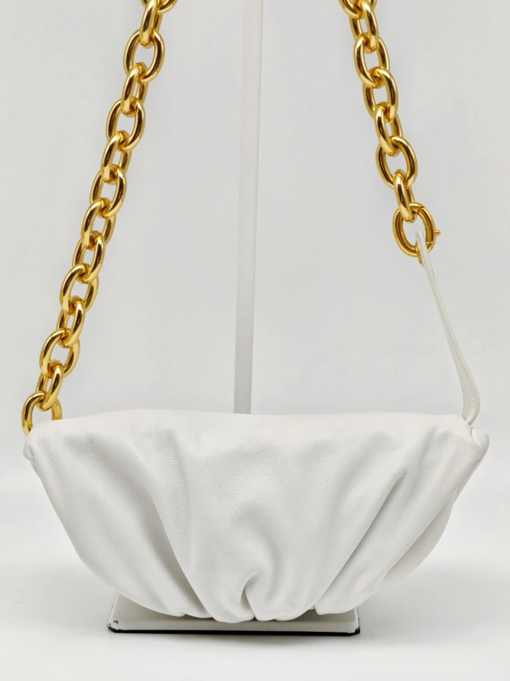 Bottega Veneta The Chain Pouch White Leather Clutch Shoulder Bag Gold Chain